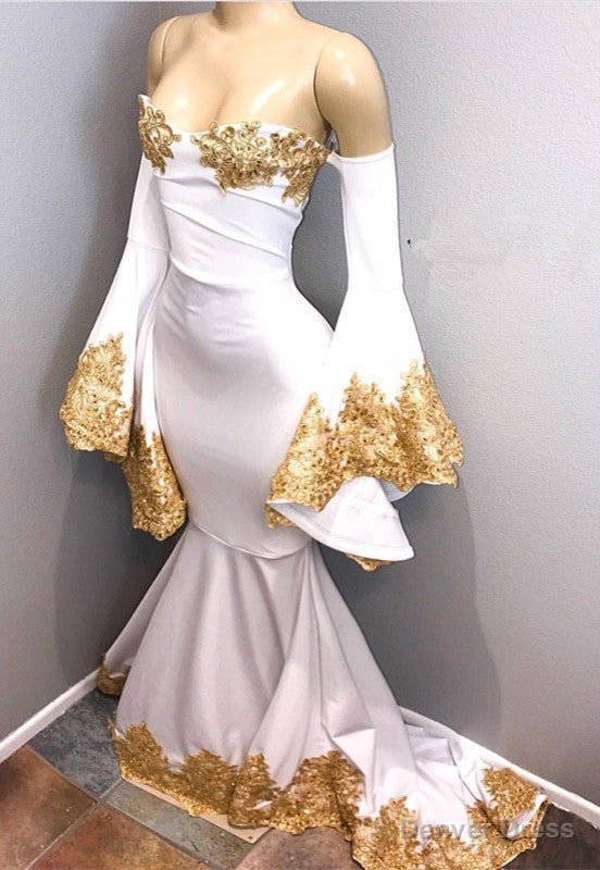 Long Sleeves Prom Party Gowns with gold appliques, mermaid evening dress Main image