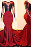 Long Sleeves Round Collar Mermaid Prom Dresses Red Sequins Long Chiffon