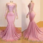 Long Sleeves Round Collar Mermaid Prom Dresses Sequins Pink Long Chiffon