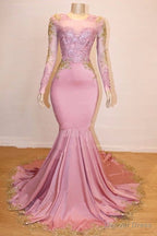 Long Sleeves Round Collar Mermaid Prom Dresses Sequins Pink Long Chiffon
