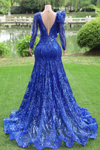 Long Sleeves Royal Blue Mermaid Ruffles V-Neck Floor Length Prom Dresses