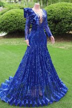 Long Sleeves Royal Blue Prom Dresses Sequin Mermaid Long Formal Dresses
