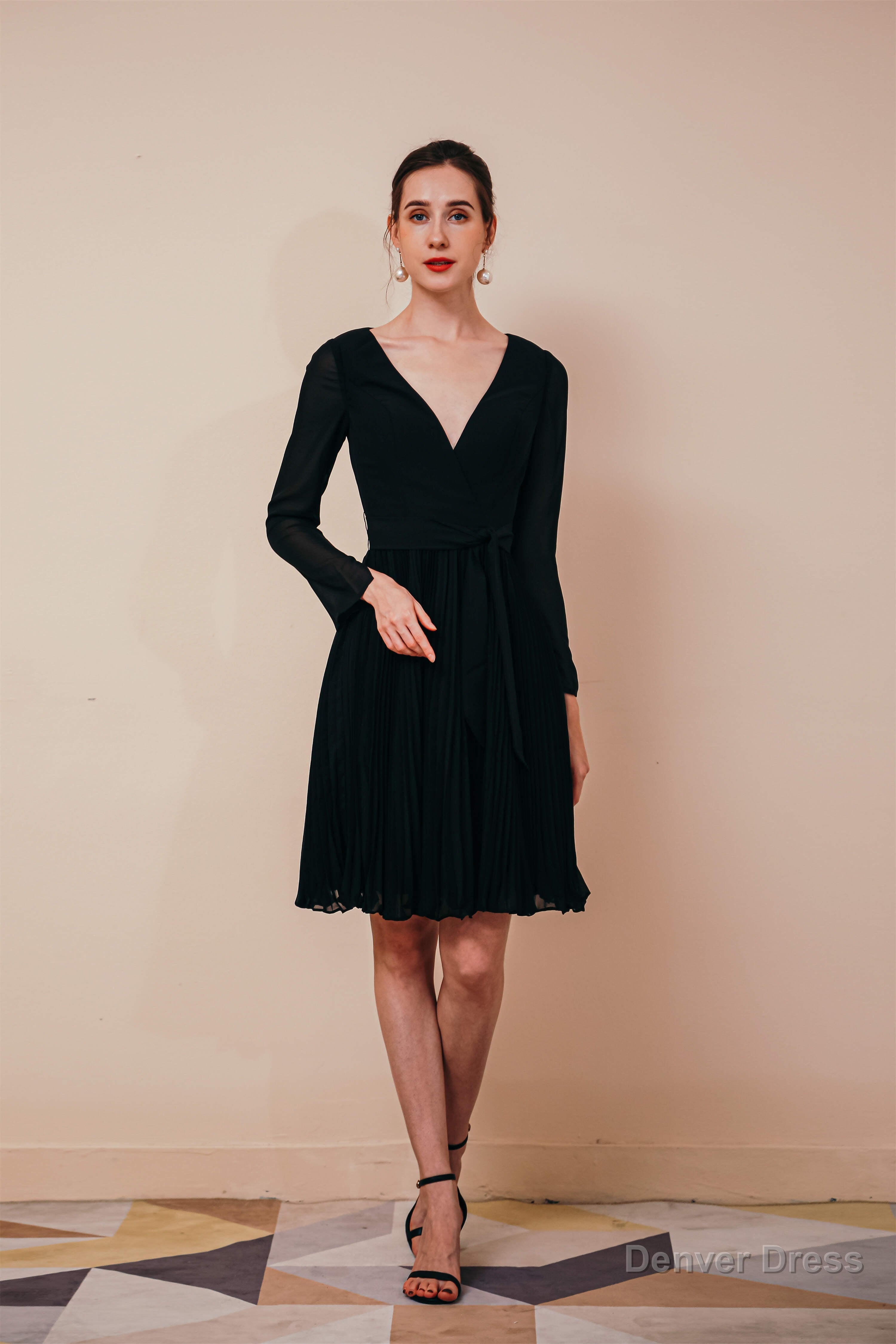 Long Sleeves Ruffles with Belt Knee Length Chiffon Prom Dresses Main image