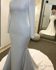 Long Sleeves Satin Wedding Dresses Mermaid Open Back