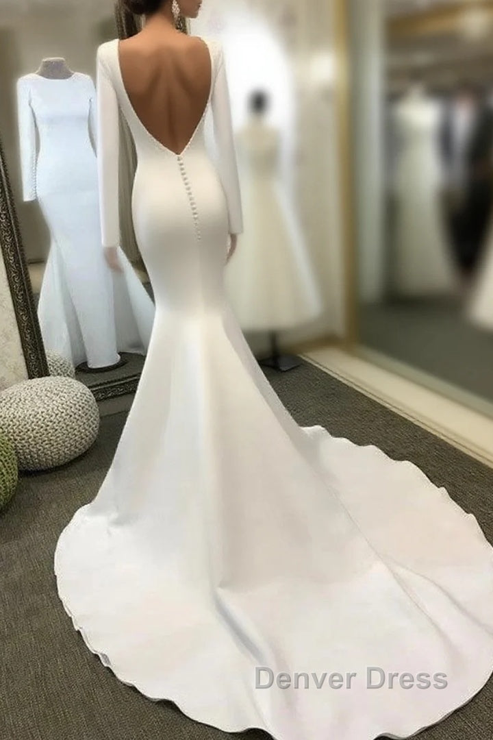 Long Sleeves Satin Wedding Dresses Mermaid Open Back Main image
