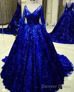 Long Sleeves Sequin Ball Gowns Dresses V Neck