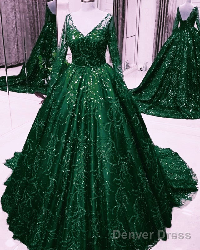 Long Sleeves Sequin Ball Gowns Dresses V Neck