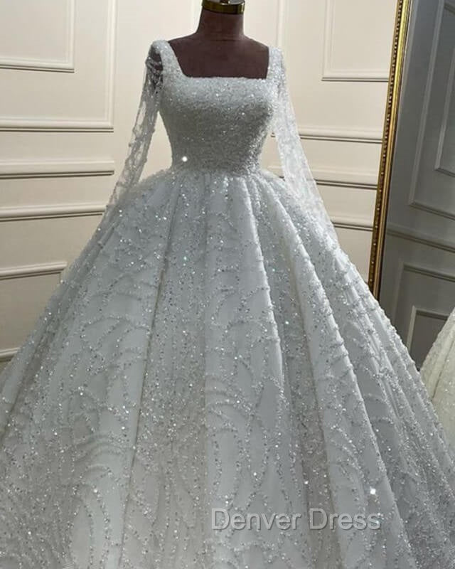 Long Sleeves Sequin Pattern Ball Gown Wedding Dresses