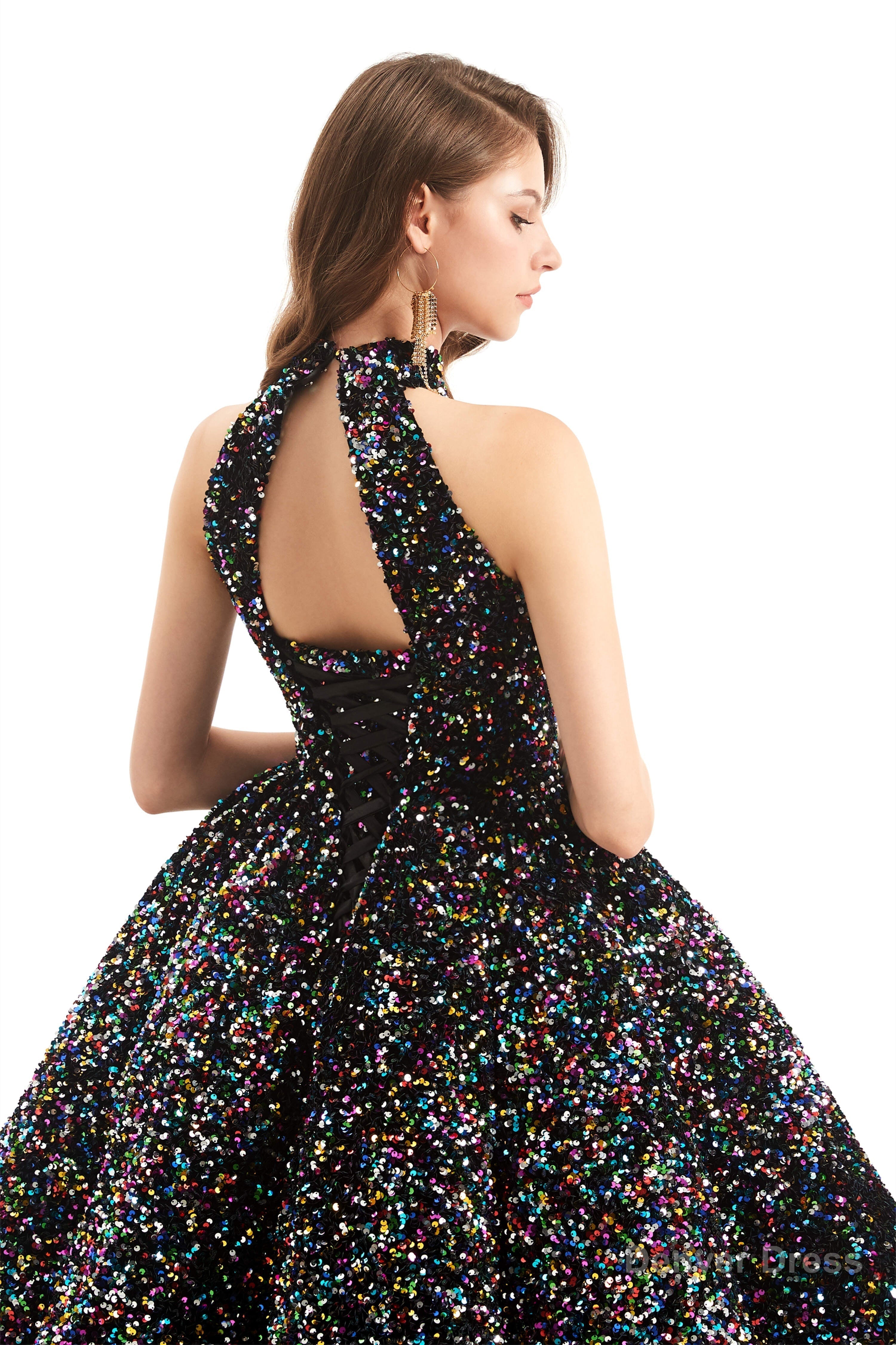 Long Sleeves Sequins Backless O Neck Quinceanera Dresses