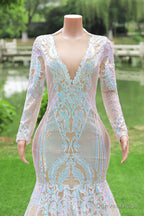 Long Sleeves Sequins Mermaid Prom Dresses Iridescent Shower Party V Neck Evening Dress Chapel Train