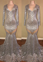 Long Sleeves Sequins Prom Party Gowns| Mermaid V-Neck Evening Gowns