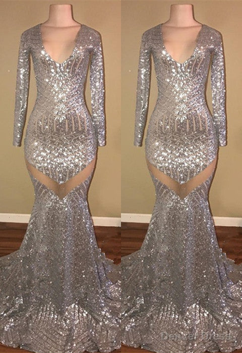Long Sleeves Sequins Prom Party Gowns| Mermaid V-Neck Evening Gowns