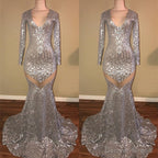 Long Sleeves Sequins Prom Gown Mermaid V Neck Prom Gown