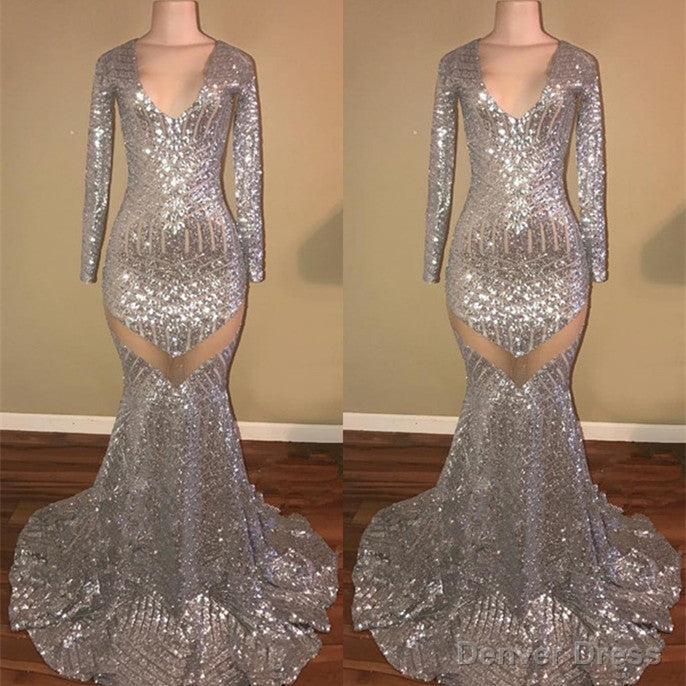 Long Sleeves Sequins Prom Gown Mermaid V Neck Prom Gown