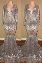 Long Sleeves Sequins Prom Gown Mermaid V Neck Prom Gown