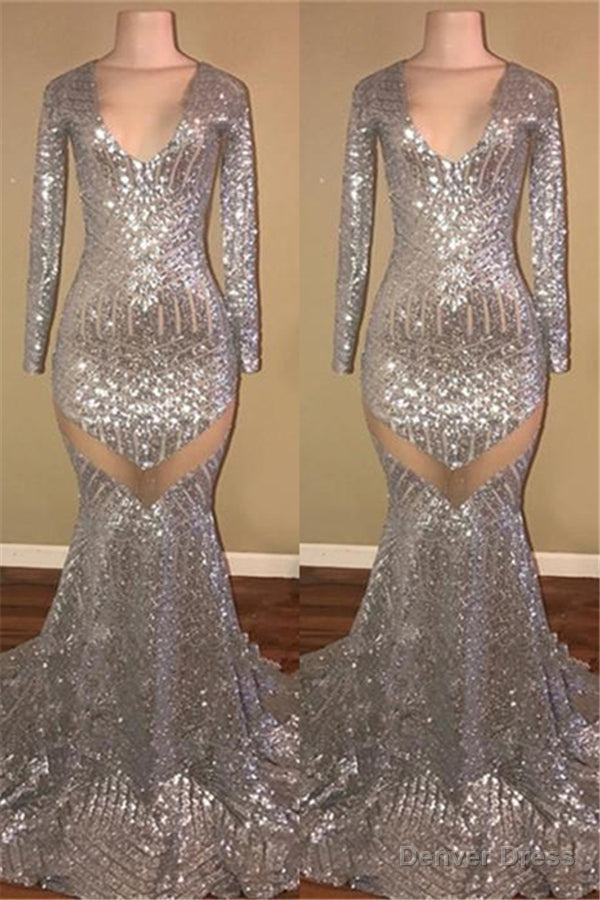 Long Sleeves Sequins Prom Party Gowns| Mermaid V-Neck Evening Gowns Main image