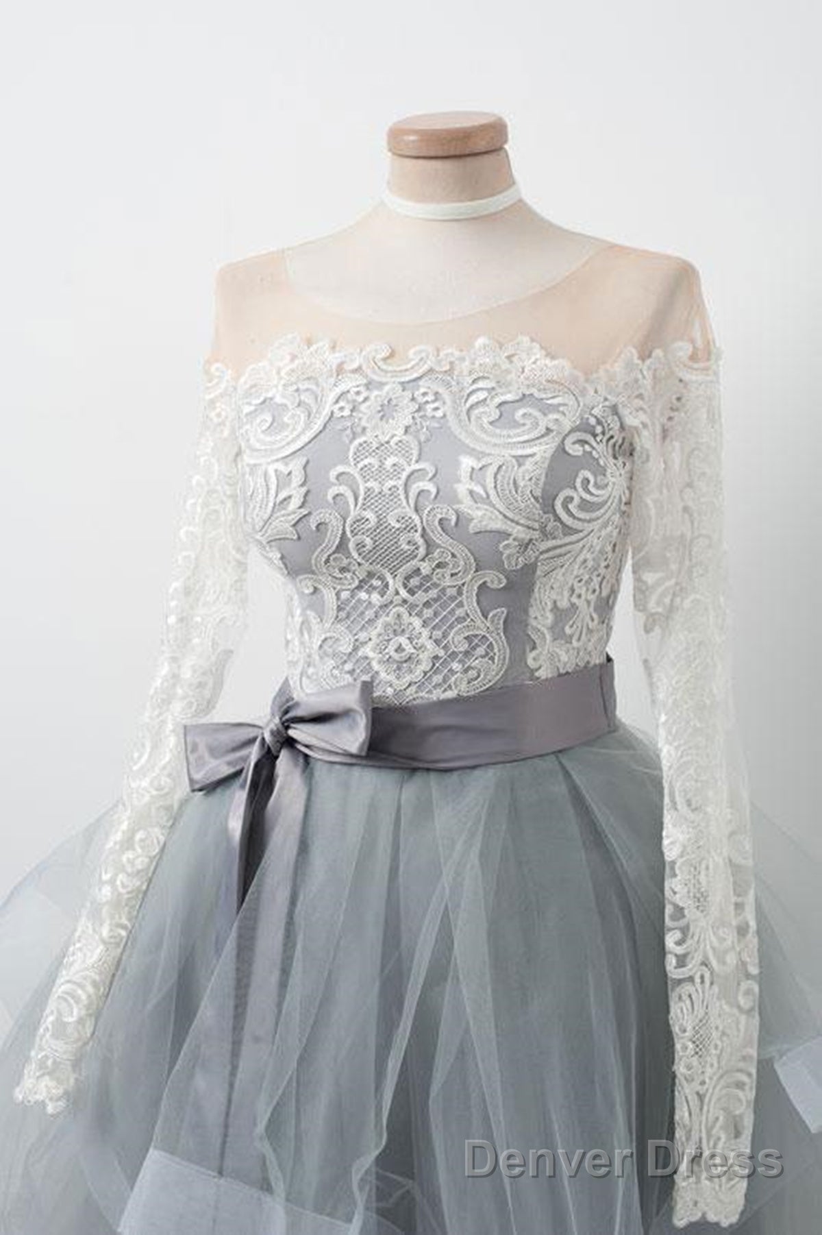 Long Sleeves Short Gray Prom Dress With White Lace, Long Sleeves Short Lace Graduation Homecoming Dresses
