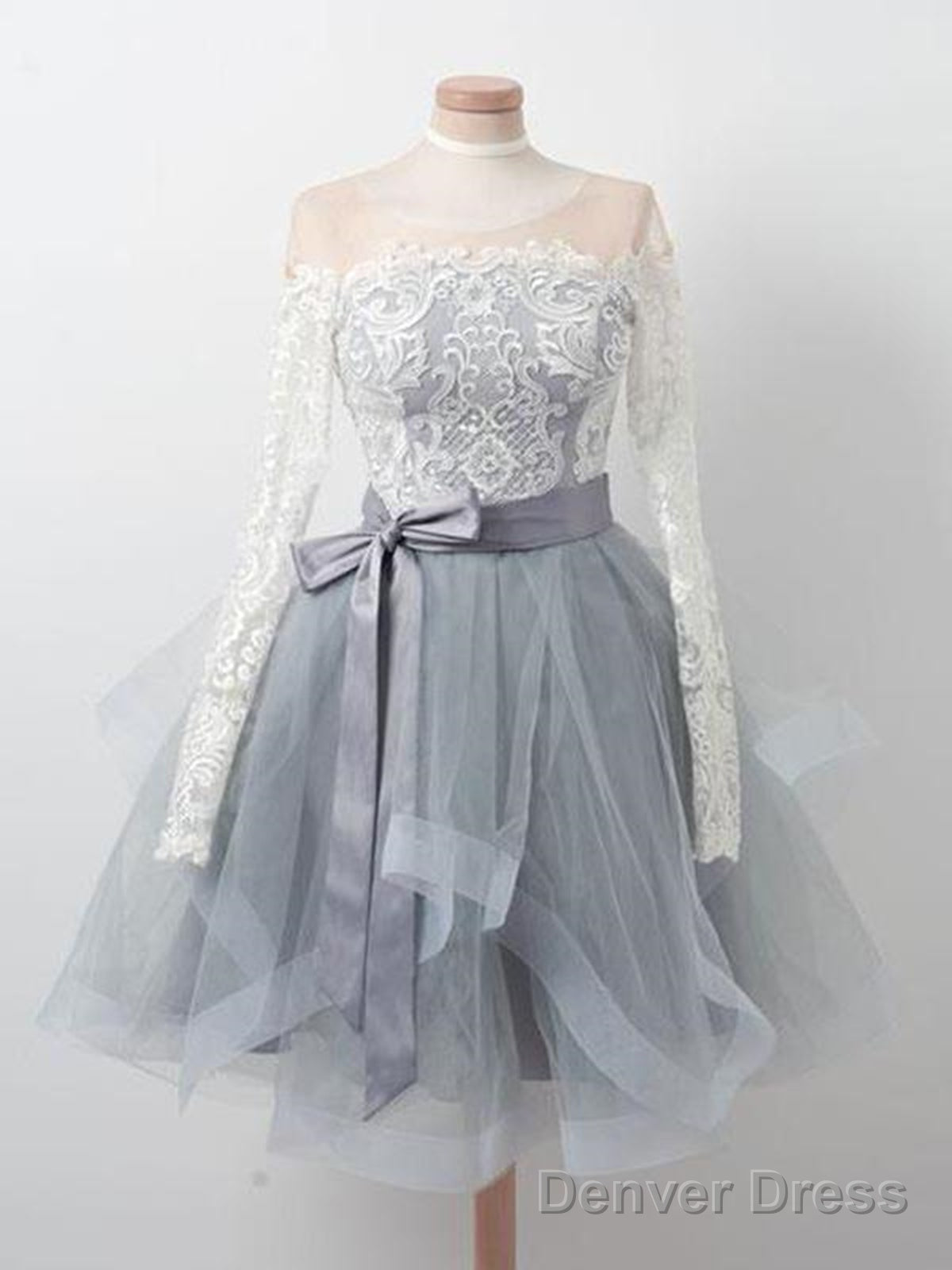 Long Sleeves Short Gray Prom Dress With White Lace, Long Sleeves Short Lace Graduation Homecoming Dresses