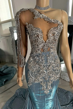 Long Sleeves Silver Dusty Blue Shiny Court Train Beaded Prom Dresss
