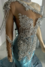 Long Sleeves Silver Dusty Blue Shiny Court Train Beaded Prom Dresss