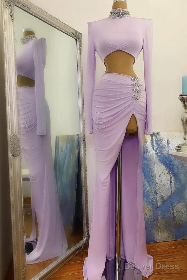 Long Sleeves Small Round Collar Prom Dresses Purple Beaded Long Chiffon Main image
