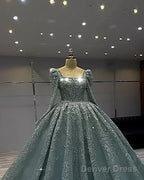 Long Sleeves Square Neck Ball Gown Sage Dress
