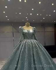 Long Sleeves Square Neck Ball Gown Sage Dress