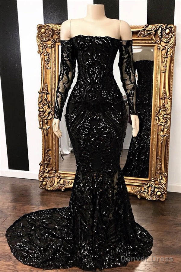 Long Sleeves Strpless Mermaid Prom Dresses Black Sequins Long Main image