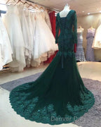 Long Sleeves V-neck Lace Prom Mermaid Dresses,Women Evening Dresses