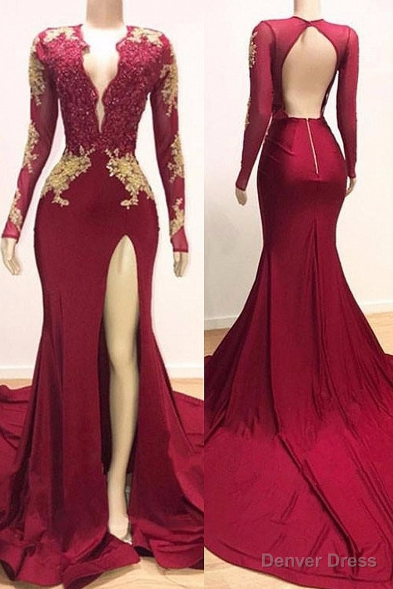 Long Sleeves V Neck Mermaid Prom Dress,Leg Split Prom Dresses