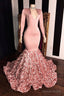 Long Sleeves V Neck Mermaid Prom Dresses Pink Long Chiffon
