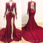 Long Sleeves V Neck Mermaid Prom Dresses Red Sequins Long Chiffon