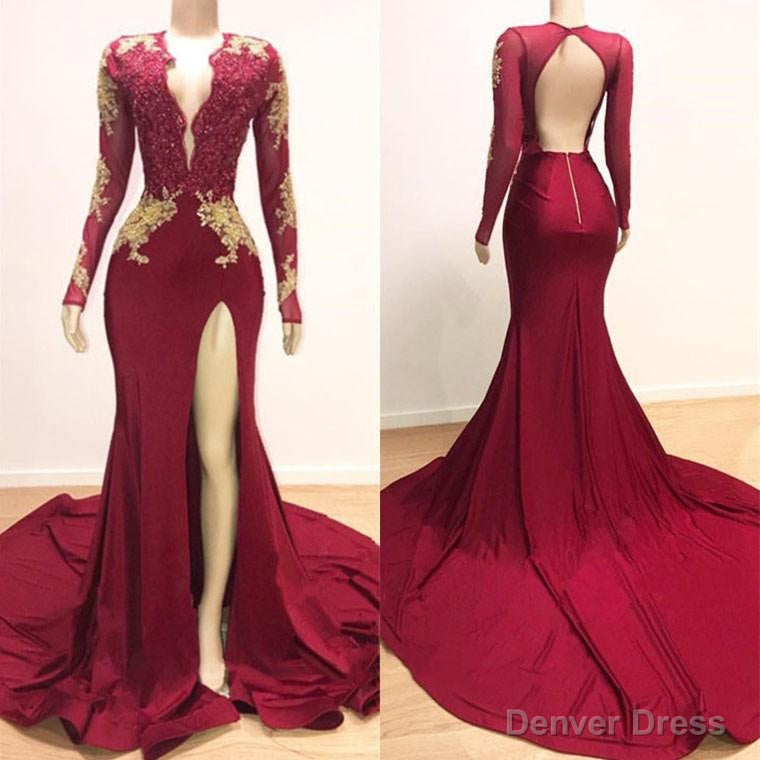 Long Sleeves V Neck Mermaid Prom Dresses Red Sequins Long Chiffon