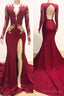 Long Sleeves V Neck Mermaid Prom Dresses Red Sequins Long Chiffon