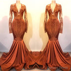 Long Sleeves V Neck Mermaid Prom Dresses Sequins Gold Long Chiffon Lace
