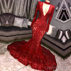 Long Sleeves V Neck Mermaid Prom Dresses Sequins Long Chiffon Red Royal Blue