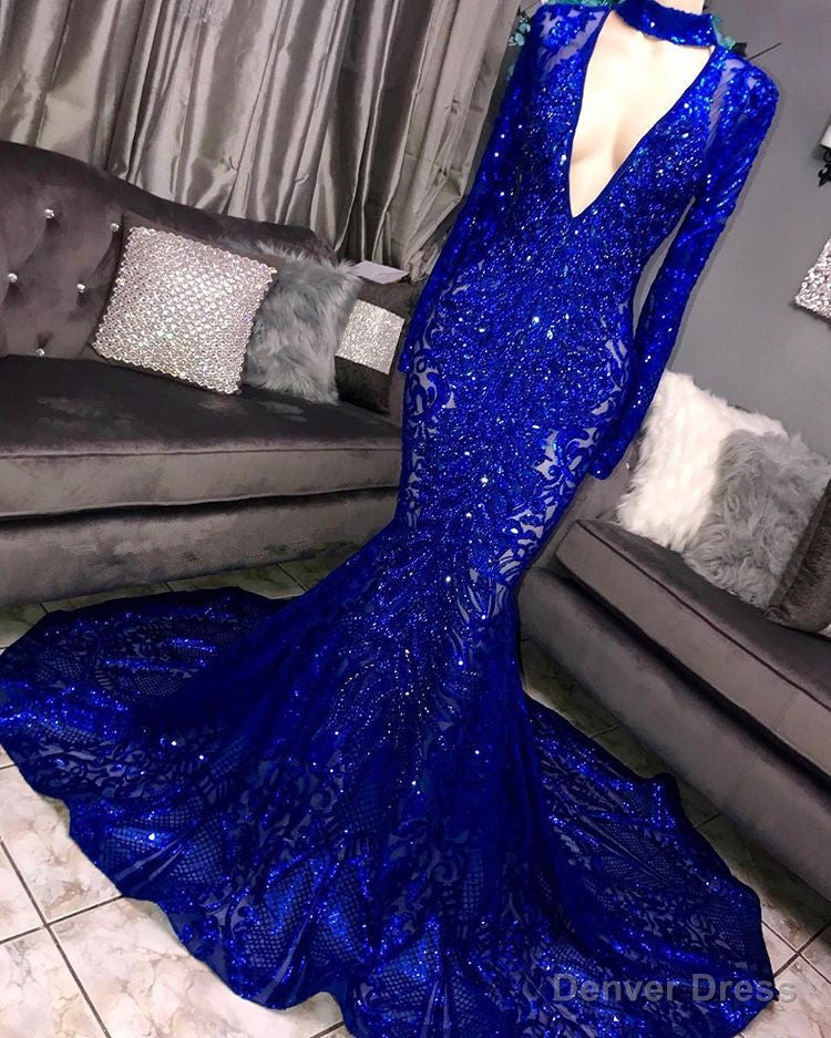 Long Sleeves V Neck Mermaid Prom Dresses Sequins Long Chiffon Red Royal Blue