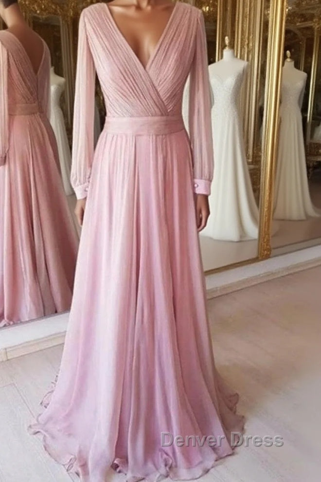 Long Sleeves V Neck Pink Chiffon Long Prom Dress, Long Sleeves Pink Bridesmaid Dress, Pink Prom Dresses Main image