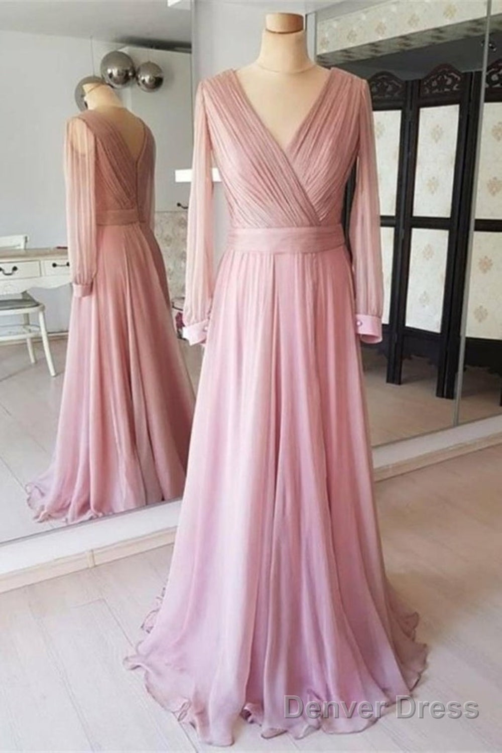 Long Sleeves V Neck Pink Chiffon Long Prom Dress, Long Sleeves Pink Bridesmaid Dress, Pink Prom Dresses A1374