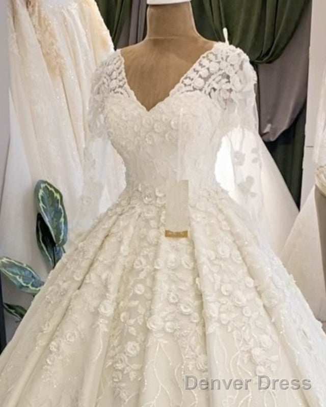 Long Sleeves Wedding Dresses V Neck Floral Lace Ball Gowns