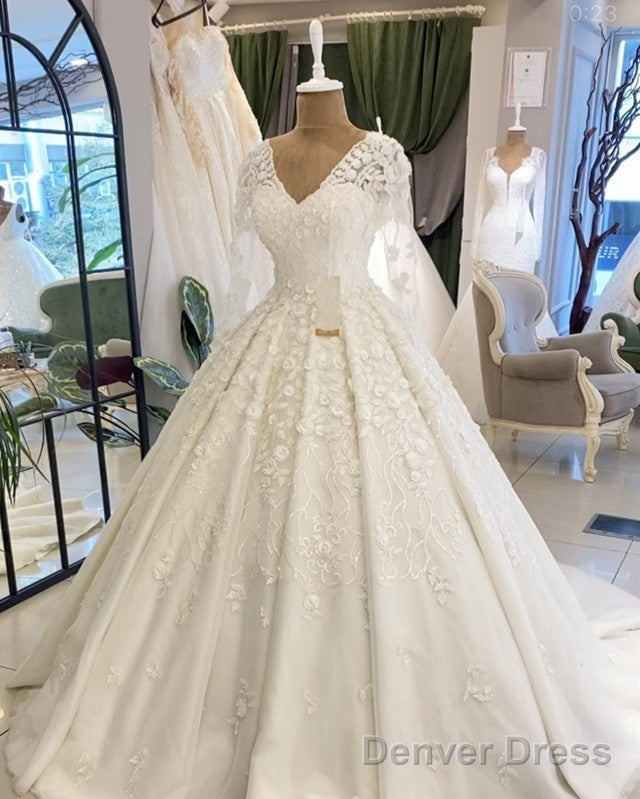 Long Sleeves Wedding Dress V Neck Floral Lace Ball Gown Main image
