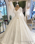 Long Sleeves Wedding Dress V Neck Floral Lace Ball Gown