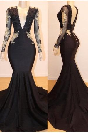 Long Sleevess Appliques Mermaid V-Neck Long Prom Dresses