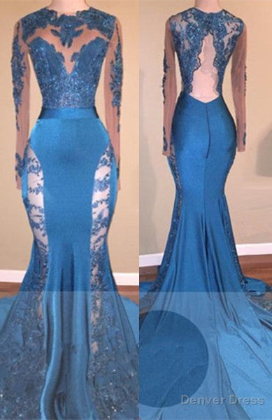 Long Sleevess Lace Appliques Open Back Brush Train Mermaid Prom Gown