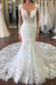 Long Sleevess V neck Mermaid White Long Train Wedding Dresses