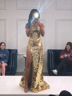 Long Spaghetti Straps Mermaid Slit Prom Dress, Long Prom Dresses