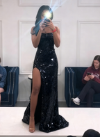 Long Spaghetti Straps Mermaid Slit Prom Dress, Long Prom Dresses