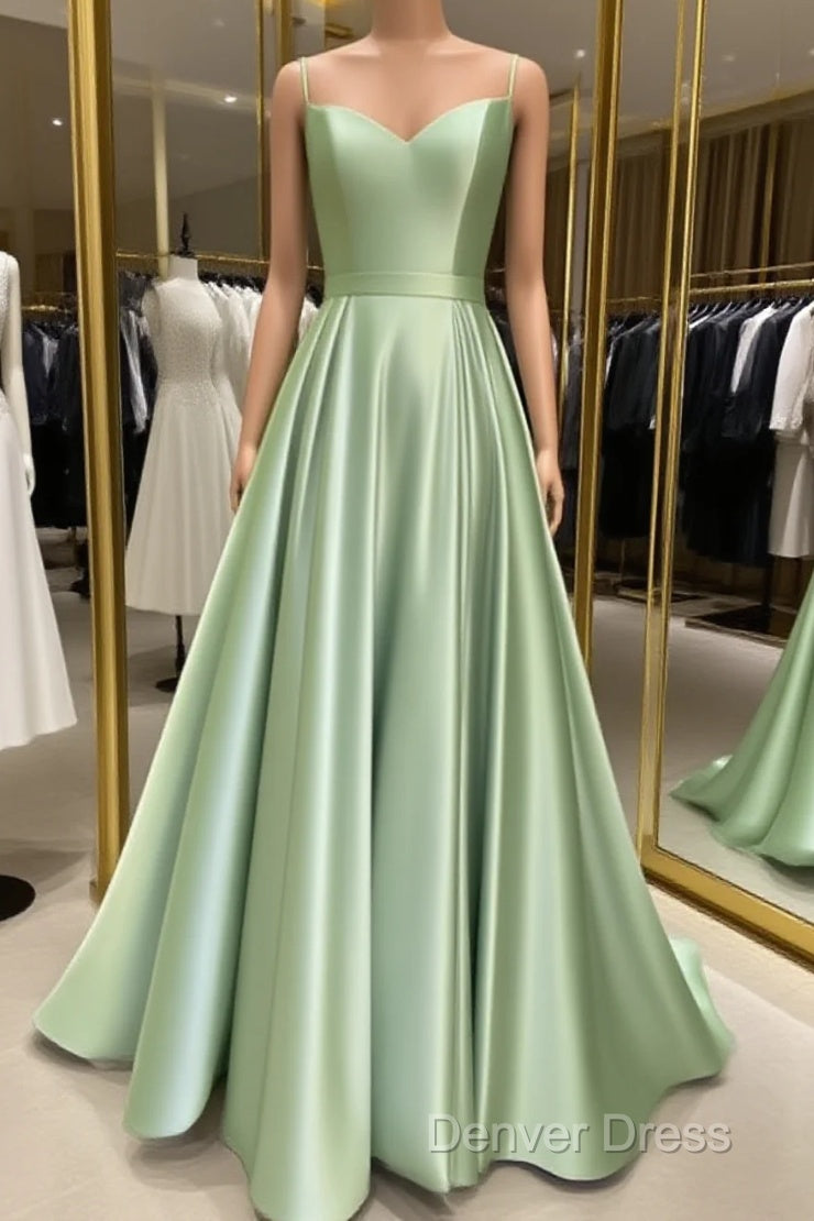 Long Spaghetti Straps V Neck Slit Satin Dresses Main image