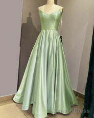 Long Spaghetti Straps V Neck Slit Satin Dress