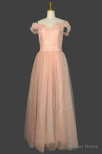 Long Straps A Line Prom Dress Tulle Off Shoulder Prom Dresses